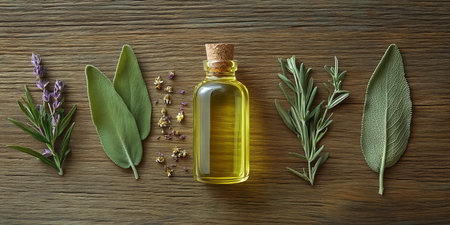 Essential Oil in Glass Bottle with Herbs, Clary Sage Leaves, and Dried Flowers on Woodの素材