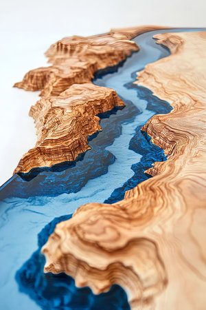 Wooden River Table, With Decorative Blue Epoxy Resin, Stylish Furniture Design Element, Close Upの素材