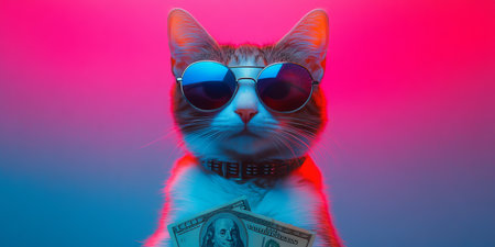Cool Cat with Sunglasses and Cash Portrait of a Rich, Successful Feline on Vibrant Backgroundの素材