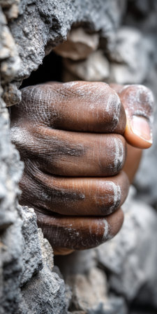 Close-Up Of A Clenched Fist Breaking Through A Wall, Strength, Determination, And Freedom Conceptの素材