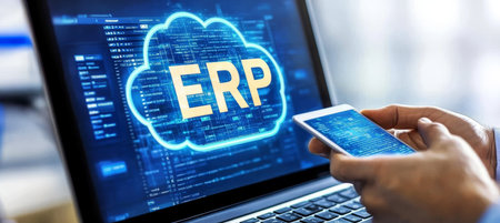 Cloud ERP, Businessman Accessing Enterprise Resource Planning System via Mobile Deviceの素材