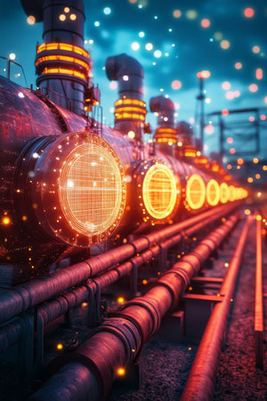 Futuristic Industrial Facility, Abstract Architectural Design A Vibrant Digital Renderingの素材