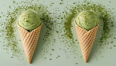 Two Green Tea Ice Cream Cones on a Pale Green Background, Generously Dusted with Matcha Powderの素材
