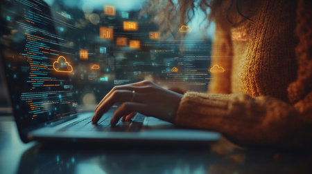 Woman Working on Laptop with Cloud Computing Symbol, Concept of Remote Work and Technologyの素材