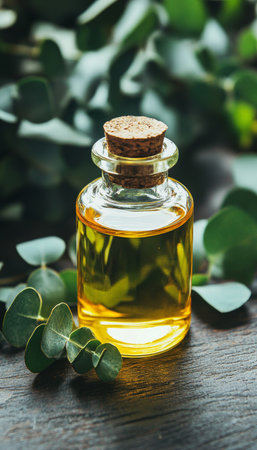 Eucalyptus Essential Oil in Glass Bottle Surrounded By Fresh Green Leaves On a Rustic Table Topの素材