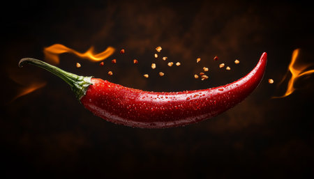 Red Hot Chili Pepper on Fire A Vivid, High-Resolution Studio Photograph Depicting Intense Flames.の素材