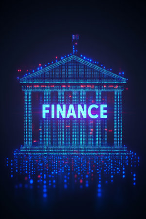 Finance Technology Glowing Neon Outline of a Bank Building on an Abstract Backgroundの素材