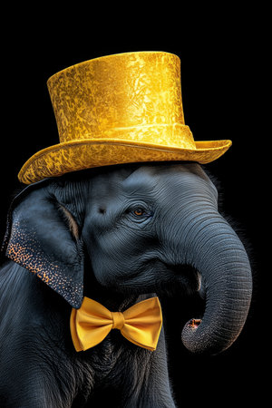 Elegant Elephant in Profile Anthropomorphic Animal with Bow Tie and Golden Hat on Blackの素材