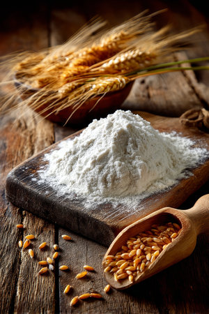 Freshly Milled Flour, Grains, and Golden Wheat Ears A Rustic Baking Scene on a Wooden Tableの素材