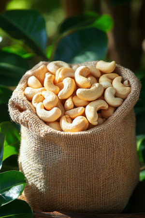 Sack Full of Organic Cashew Nuts on Plantation for Healthy Snack and Natural Food Advertisingの素材