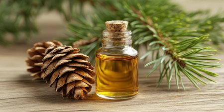 Pine Turpentine Essential Oil with Pine Cone, Coniferous Leaves and Fir Tree Branches Backgroundの素材