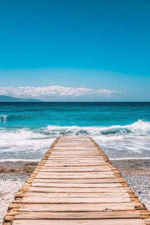 Wooden Boardwalk, Turquoise Ocean, Sandy Beach, Summer Vacation Destination Idyllic Escapeの素材