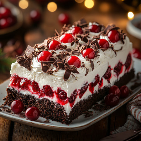 Delicious Black Forest Cake Chocolate Sponge, Whipped Cream, Fresh Cherries, and Chocolate Shavingsの素材