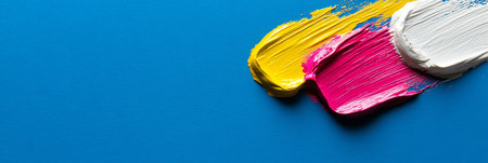 Pink, Yellow, and White Paint Strokes on Blue Background Abstract Art with Vibrant Colors For Artの素材