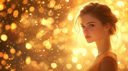 Glamour Portrait of a Young Woman with Golden Bokeh Background, Spa and Beauty Conceptの素材