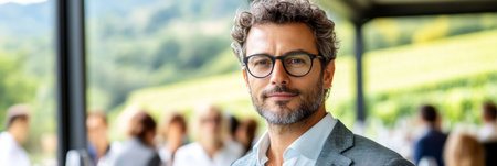 Distinguished Gentleman at a Vineyard Event Enjoying Wine Tasting with a Blurred Vineyard Backgroundの素材