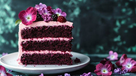 Slice of Three-Layer Chocolate Cake with Pink Frosting, Blackberry Garnish, and Edible Flowersの素材