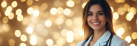 Portrait Of Smiling Female Nurse With Stethoscope in Front Of Glittering Golden Background,の素材