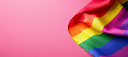 Rainbow Flag on Pastel Pink Background, Symbol of LGBT Pride Month, Diversity, and Equalityの素材