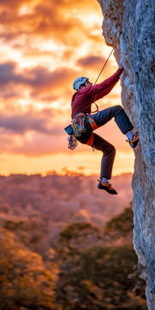 Rock Climber Scaling Tall Mountain Cliff With Tranquil Sunset Background And Copy Spaceの素材