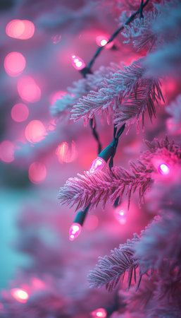 Frosted Pine Branches Adorned with Blurry Pink Christmas Lights and Dreamy Bokeh Backgroundの素材