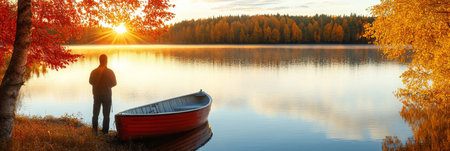 Man near red wooden boat admiring autumn lake with colorful fall trees and foggy sunriseの素材