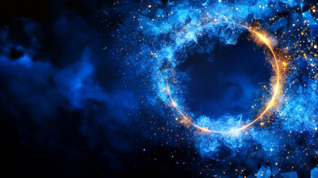 Abstract Design of a Flaming Orange Ring Surrounded by Blue Smoke on a Black Backdropの素材