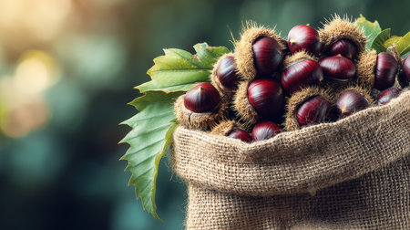 Fresh Harvested Chestnuts in a Burlap Sack, Autumn Harvest Still Life with Copy Spaceの素材