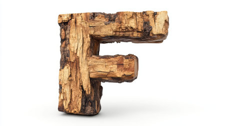 Isolated Wooden Letter F, Realistic 3D Rendering on White Background, Graphic Design Elementの素材