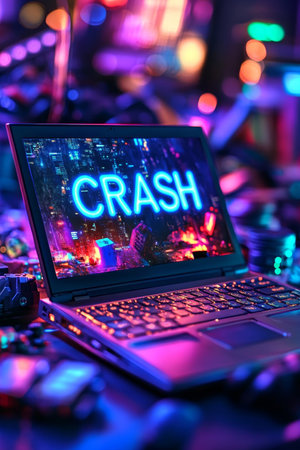 Crashed Laptop On Desk With Glowing Neon Text CRASH On It s Display Surrounded By Gaming Gadgetsの素材