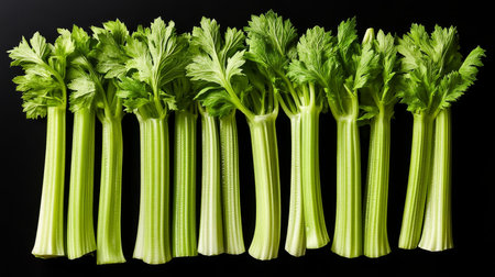 Fresh, Green Celery Stalks Arranged on Black Background Vibrant Culinary Stock Photoの素材