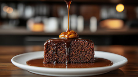 Slice of Moist Chocolate Cake with Caramel, Topped with Walnut, on Plate, Rustic Backgroundの素材