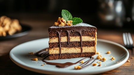 Decadent Chocolate Layer Cake Slice with Chocolate Drizzle, Nuts, and Mint on White Plateの素材