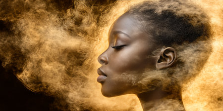 Profile Of A Serene Woman With Eyes Closed, Emerging From Golden Smoke, Dust, Powder Like A Flameの素材