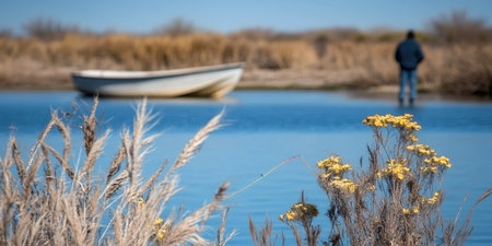 Lone Fisherman Finds Serenity Amidst Golden Fall Landscapes, With a Peaceful Lake Viewの素材