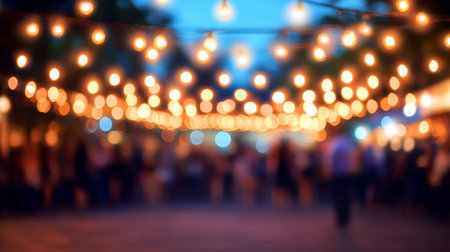 Blurry Bokeh Lights of Festive Evening Celebration, Creating a Warm Golden Glow at Duskの素材