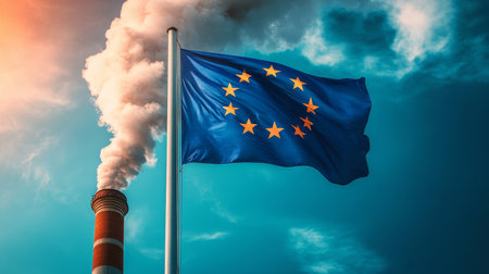 EU Flag and Industrial Pollution Challenges of Emissions, Climate Change, and Environmental Policy.の素材