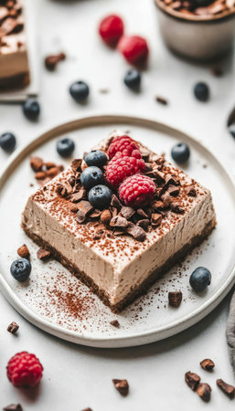 Creamy Coffee Dessert Square Garnished with Chocolate Shavings and Fresh Berries on Plateの素材