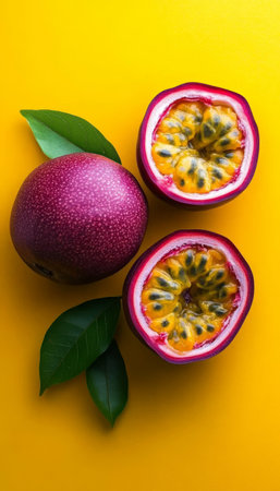Ripe Passion Fruit Halved and Whole, Vibrant Yellow and Purple Hues on a Yellow Backgroundの素材