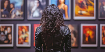 Art Enthusiast Contemplates Diverse Photography Exhibition, Back View with Copy Spaceの素材
