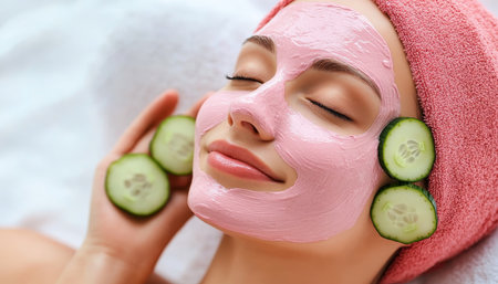 Home Spa Day Attractive Girl Enjoying Relaxed Pampering with a Pink Facial Mask and fresh Cucumbersの素材