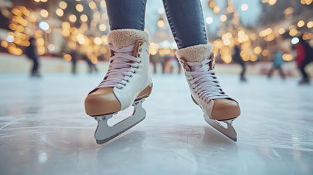 Woman Ice Skating, Winter Holiday Fun, Festive Ice Rink Background With Blurred Lights, Copy Spaceの素材
