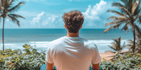 Man Sitting on Tropical Beach Enjoying Tranquil Ocean View, Serene Summer Vacation Conceptの素材