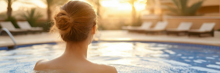 Woman with blonde hair in a bun enjoys a relaxing evening ambiance in a resort swimming pool.の素材