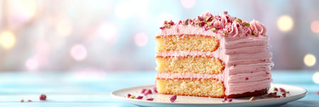 Slice of Pistachio Cake with Rose Water Icing and Crushed Pistachios on a White Plate, Close-upの素材