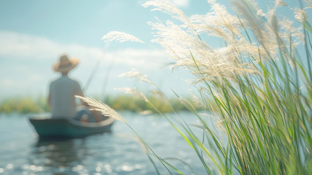 Peaceful Morning Fishing Serene Man Enjoys the Tranquility of a Lake with Scenic Reeds Viewの素材