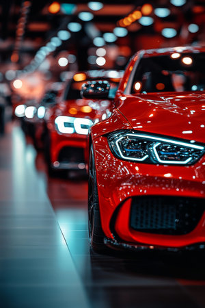 Luxury Red Sports Cars in a Row, Car Show, Dealership Showroom, Auto Retail, Automotive Industryの素材