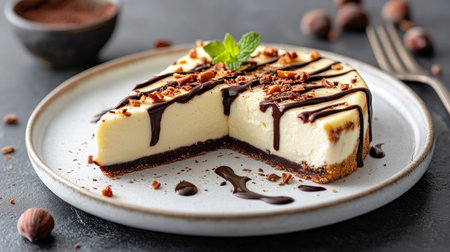 Elegant Slice of Hazelnut Cake with Chocolate Ganache and Praline Topping on White Plateの素材