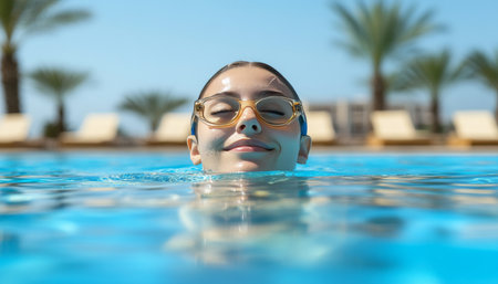 Serene Woman in Sunglasses Enjoys a Refreshing Dip in a Resort Pool, Summer Vacation Conceptの素材