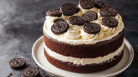 Delicious Chocolate Layered Cake with White Frosting and Chocolate Sandwich Cookies on White Plate.の素材